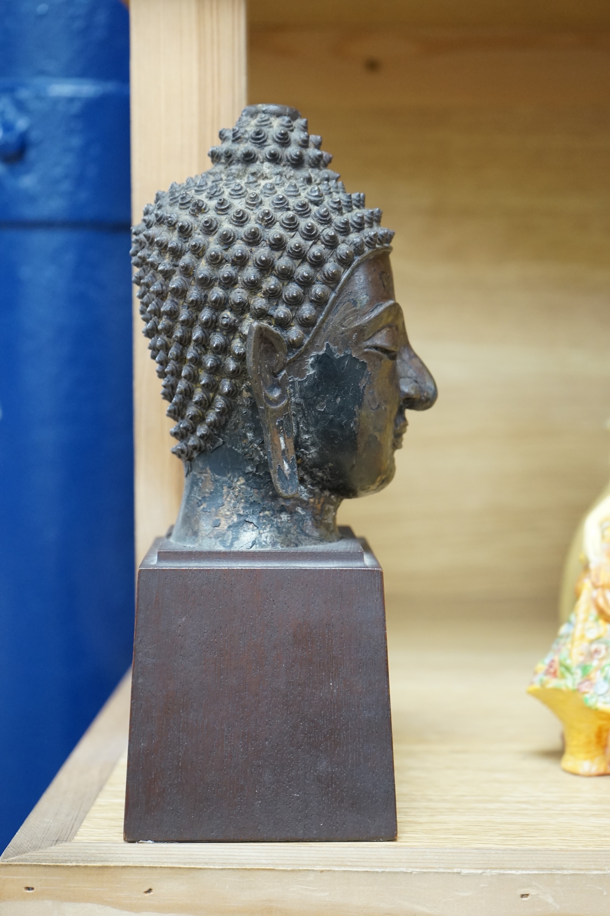 A Thai bronze head of Buddha, probably 18th century, 25cm high. Condition - good